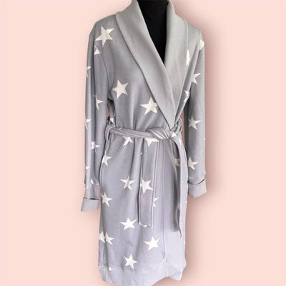 UGG Karoline Fleece Robe Gray Star Tie Belted Pockets Medium Preppy New Long